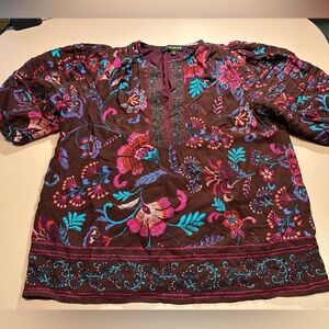 EUC Sugarlips Brown Floral Embroidered Peasant Blouse